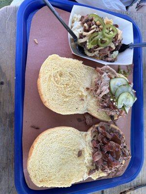 Top to bottom: BBQ Mac, pulled pork sandwich, chopped brisket sandwich