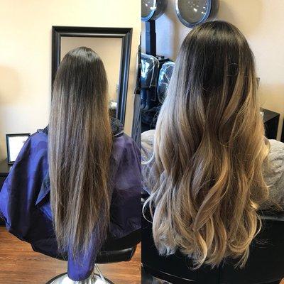 Before and after picture from grown out foil highlights to beautiful blonde balayage