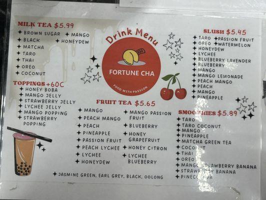 drink menu and toppings