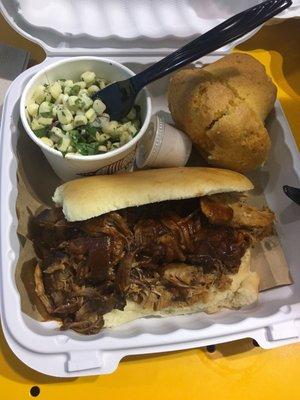 Pulled pork plate wth corn and cornbread