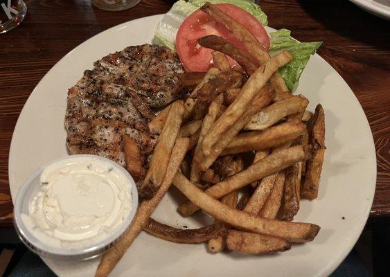 Grilled chicken sandwich with no bun, hand cut fries