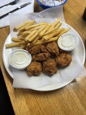 Chicken tenders and french fries with Ranch dipping sauce.