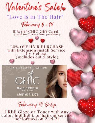 Happy Valentine's Sale! "Love is in the Hair" 20% off Hair Extensions w Install. 10% off Gift Cards. Free Toner/Glaze  561-617-1373