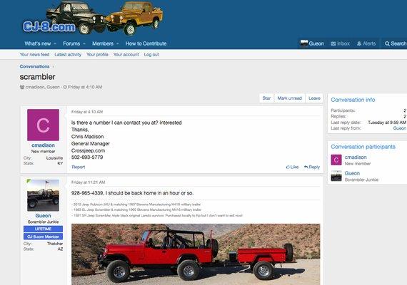 Initial contact on the Jeep forum.