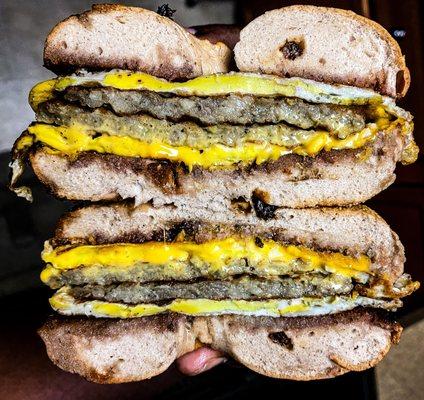 Chicken sausage, egg & cheese on a cinnamon raisin bagel