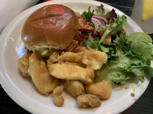 BBQ chicken sandwich, Cheese Curds and salad