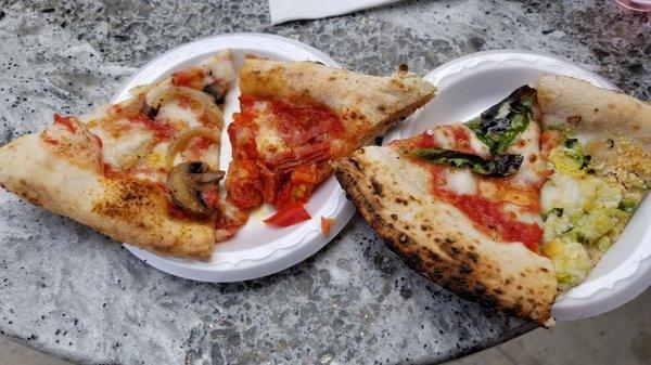 Pizzas from Local 90 - Mushroom & Sweet Onion, Spicy Saleme with Honey Drizzle, Margherita, and Brussels Sprouts with Pancetta (White Pizza)