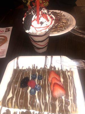 Oreo and strawberry milkshake, Nutella crepe with berries inside and on top (amazing portion of fruit inside)