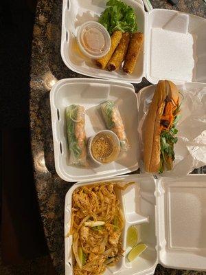 Crispy Vietnamese Egg Rolls,  Fresh Spring Rolls, Chicken Pad Thai, Beef sandwich