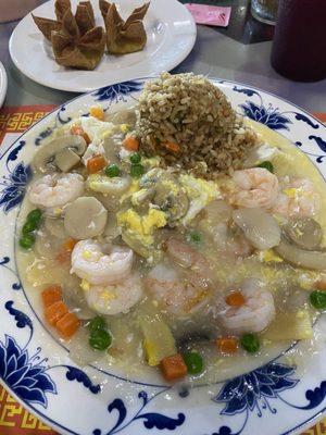 Shrimp with lobster sauce, fried rice and crab rangoons