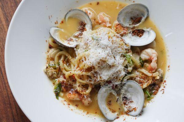 Lemon Bucatini Scampi: GA shrimp, sapelo island clams, garlic, calabrian chili, green onion