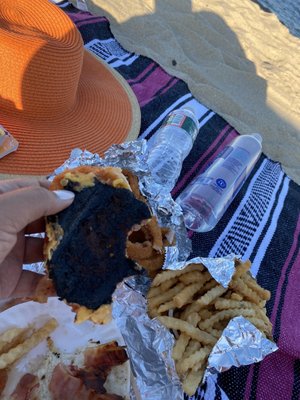 Burnt burger & unseasoned crinkle cut fries