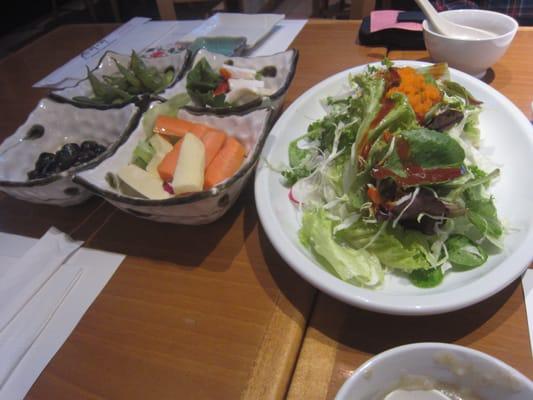 Appetizers: Salad, sea snails, edamames