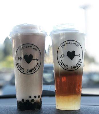 Earl grey milk tea with boba & jasmine milk tea with white pearls and sea salt cream