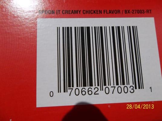 Closeup of UPC code for "Spoon It" Creamy Chicken soup. I tell ya, it's REALLY good for boxed soup; please ASK FOR IT. PLEASE?