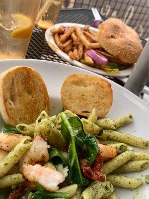 Pesto Shrimp spinach Pasta and Dick's Burgeryummy