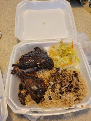 Jerk chicken with cabbage and rice&beans