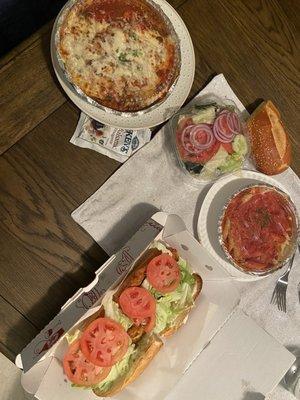 Chicken Filet Hero, Eggplant Florentine, Side Of Pasta With Tomato Sauce, House Salad side