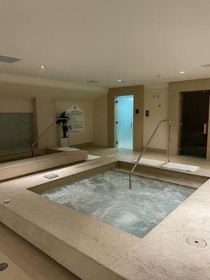 Jacuzzi, cold dip, sensory shower, and sauna room