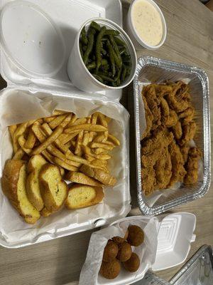 Family pack 25 greens beans. Hush puppies and fries.