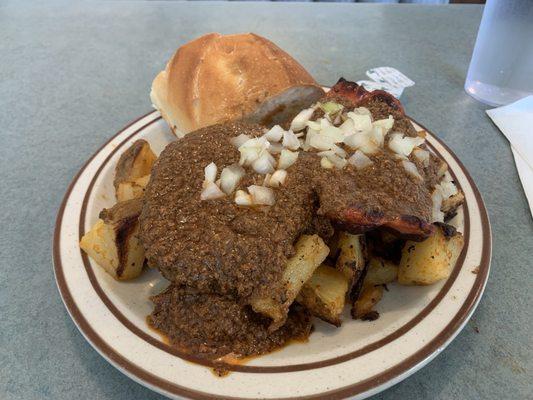 Garbage plate with bread.