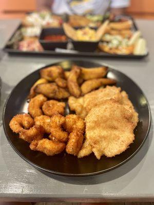 Sea Plate - Breaded Fish & Shrimp. Sub fries for Plantains.