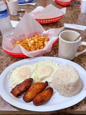 Rice, fried eggs, plantains, home fries, coffee.