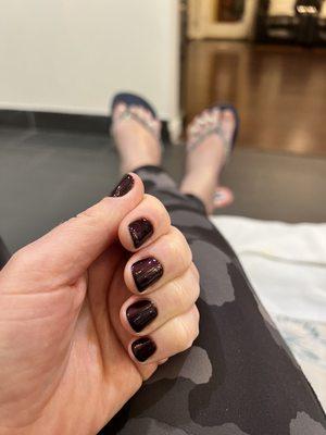 Natural color pedi and regular polish mani