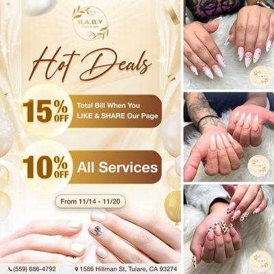 HOT DEALS ALERT 
 Get 15% OFF your total bill when you LIKE & SHARE our page! 
 PLUS, Enjoy 10% OFF ALL SERVICES!