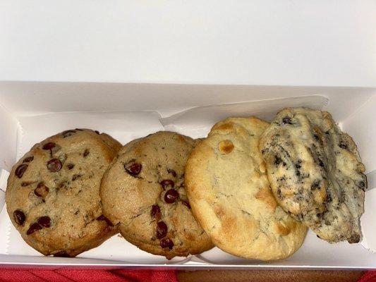 Chocolate Chip, White Chocolate Macadamia and cookies & cream