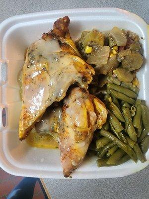 Baked chicken, okra and tomatoes (sucatash), greenbeans....ALL GOOD!Just a tad salty...