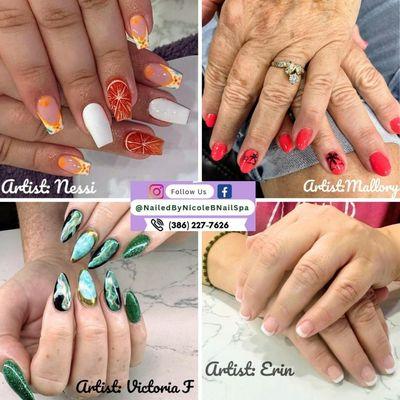 We're thrilled to showcase a stunning collage featuring the exquisite work of our talented nail artists Nessi, Mallory, Victoria and Erin.