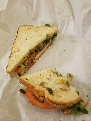 Chicken sandwich with jalapeño bread.