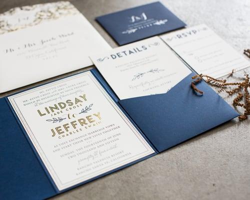 gold foil stamped and letterpress wedding invitation