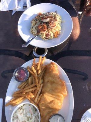 Fish fry and pignolia pasta with shrimp