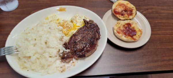 Steak, 3 Eggs, Grits and English muffin