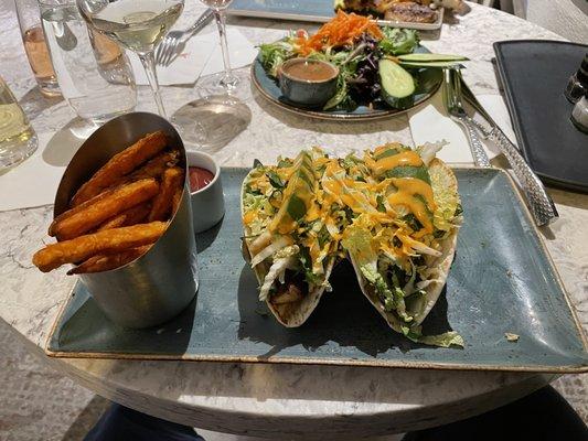 Mahi Mahi tacos with sweet potato fries