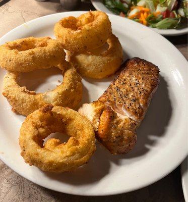 9 ounce salmon with onion rings and one additional side