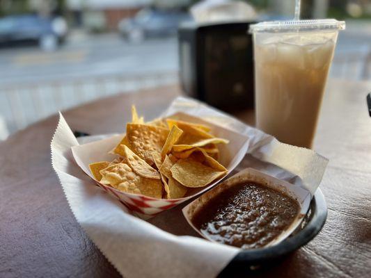 Complimentary chips and salsa with large horchata