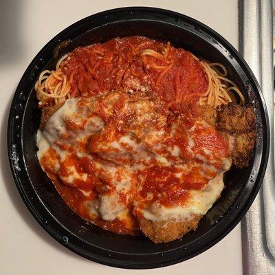 Chicken Parmesan
 Pounded, breaded, topped with imported Provolone cheese, Bob's red sauce, served with a side of thin spaghetti.