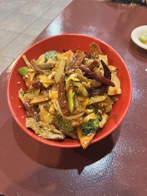 My bowl - beef, steak, and pork with lots of veggies, eggs, ginger powder, garlic powder, Hunan-style peppers, Szechuan sauce, sesame oil