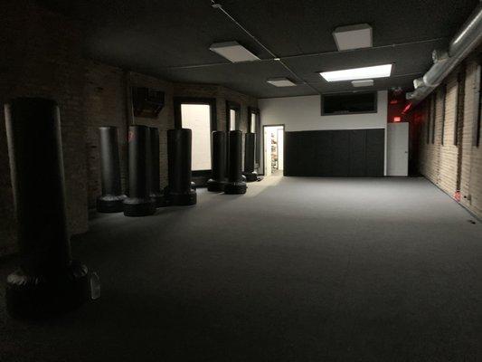 Lights off, but the workout space