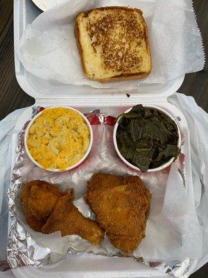 Fried chicken, macaroni, greens