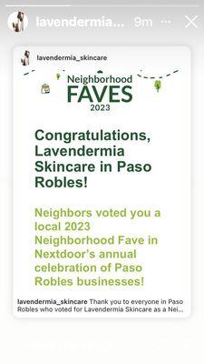 Lavendermia Skincare in Paso Robles was voted as a Neighborhood Favorite on Nextdoor in 2023!