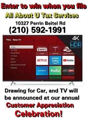 enter to win a 55in TV when you file! Come see at All About U Tax Services...