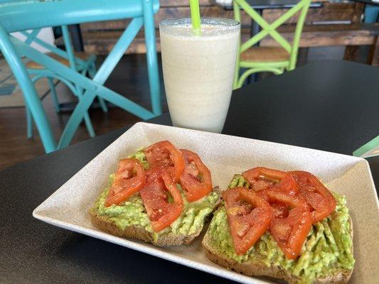 Avocado toast and a peanut butter smoothie.