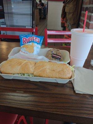 Large "Hook & Ladder" sub sandwich, Cheddar and Sour Cream Ruffles, Raisin Oatmeal Cookie, and a Large Mello Yello Peach drink.