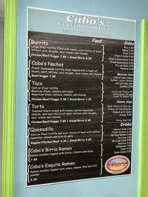 Ice cream menu