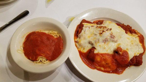 Angel hair pasta with eggplant parmesan.