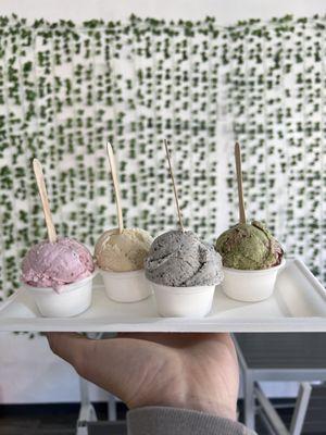 Ice cream flight!  Strawberry, early grey, black sesame, and green tea with strawberry.